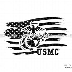 May include: Black and white graphic design featuring the USMC emblem, an eagle atop a globe and anchor, set against a distressed American flag background. The letters "USMC" are displayed below the emblem. Digital download available.