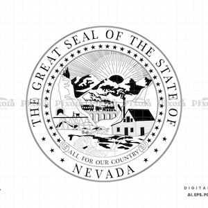 Op de afbeelding: Zwart-wit cirkelvormige afbeelding van het zegel van de staat Nevada. Het zegel toont een bergketen, een trein, een huis en de tekst "THE GREAT SEAL OF THE STATE OF NEVADA" en "ALL FOR OUR COUNTRY".
