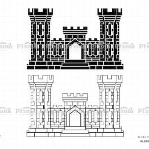 May include: Black and white digital illustration of a castle with two tall towers and a central gatehouse. The castle design is a vector graphic, suitable for various digital applications. The image includes the Pixora Canvas logo and file type information.