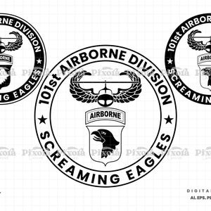 Puede incluir: Gráfico en blanco y negro del emblema de la 101.ª División Aerotransportada. El diseño presenta un borde circular con el texto "101st Airborne Division" y "Screaming Eagles". El emblema incluye un águila estilizada y la palabra "Airborne".