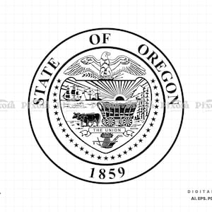 Puede incluir: Diseño en blanco y negro del sello del estado de Oregón. El sello presenta un águila, un barco, una carreta cubierta y el texto "State of Oregon" y "The Union". También se incluye el año "1859".