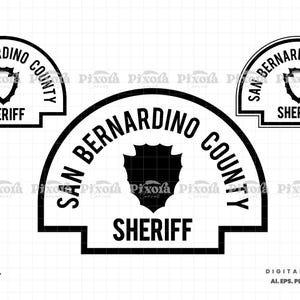 Peut inclure: Graphisme noir et blanc représentant l'insigne du shérif du comté de San Bernardino. Le design comprend les mots "San Bernardino County" en arc de cercle au-dessus du bouclier et "Sheriff" en dessous. Téléchargement numérique disponible.