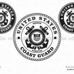 May include: Black and white United States Coast Guard emblem design. The design features a circular emblem with the words "United States Coast Guard" and "Semper Paratus" surrounding an anchor, cannons, and a shield with the year 1790.