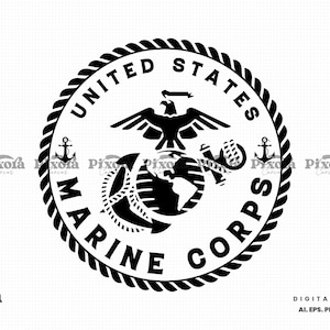 May include: Black and white United States Marine Corps emblem. The circular design features an eagle, globe, and anchor, surrounded by the text "United States Marine Corps" and a rope border. Includes the text "Digital Download".