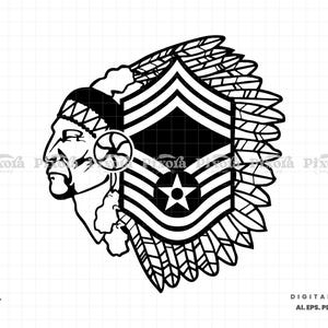 May include: Black and white graphic of a Native American profile wearing a headdress and military rank insignia. The design includes a star and chevron pattern, with the text "DIGITAL DOWNLOAD" at the bottom.
