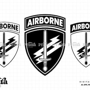 May include: Three black and white Airborne shield designs. Each shield features a sword and lightning bolts, with the word "AIRBORNE" at the top. The designs are for digital download in various file formats.