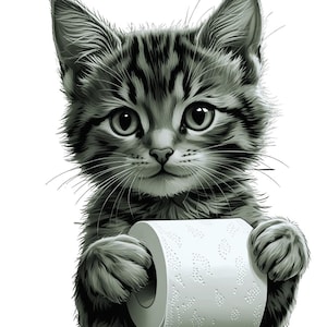 Bathroom wall art, kitten, toilet paper, digital download