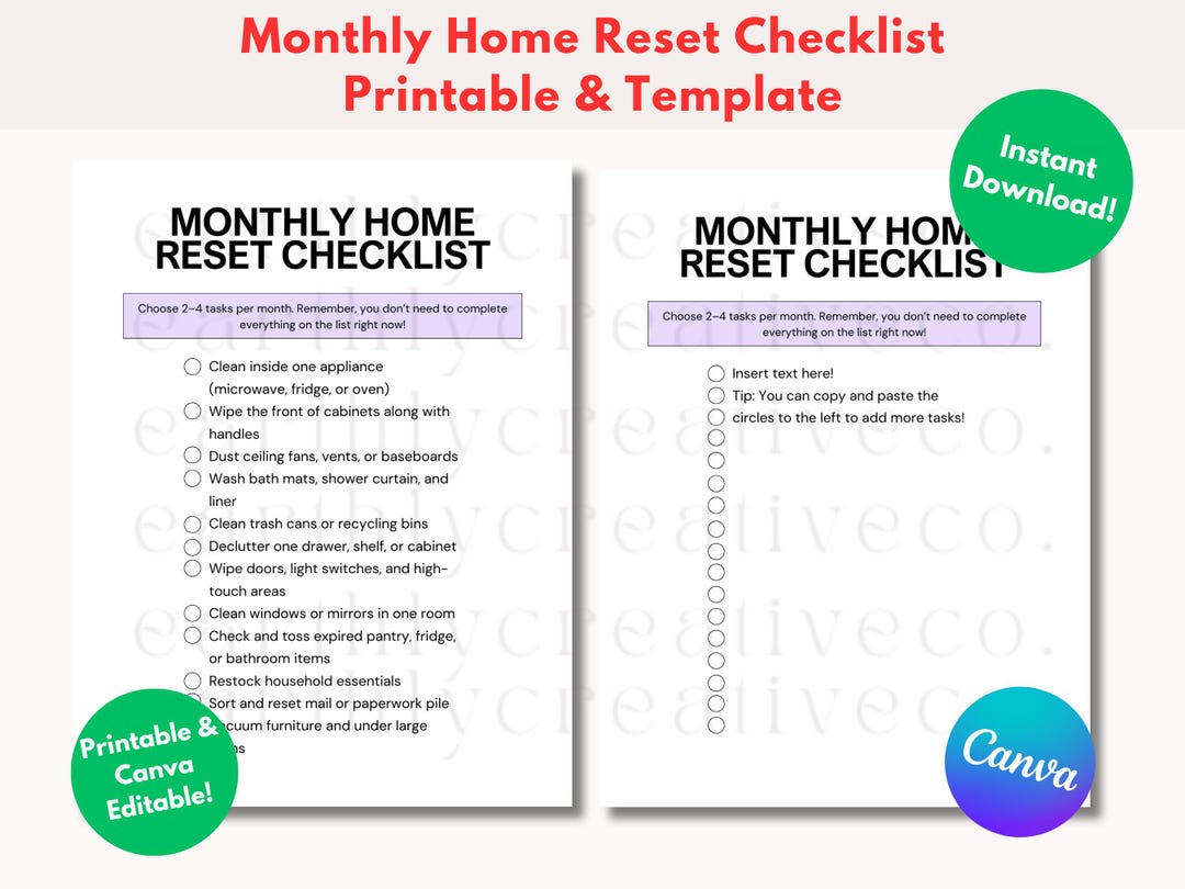Monthly Home Reset Checklist Printable: Simple Cleaning Reset (instant ...