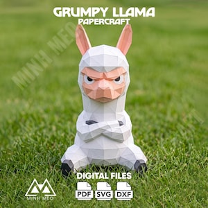 May include: A low-poly papercraft figure of a grumpy llama with white fur, a peach-colored face, and pointed ears. The llama has crossed arms and a stern expression. Text reads GRUMPY LLAMA PAPERCRAFT, MINH MEO ART, and DIGITAL FILES PDF SVG DXF.