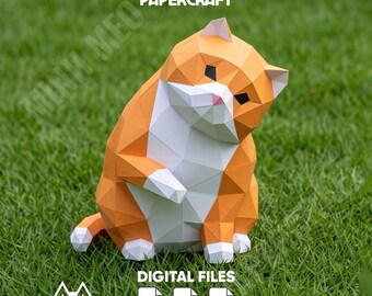 Fat Cat Papercraft 3D Model low poly pepakura template, Chubby Cat DIY Paper Sculpture