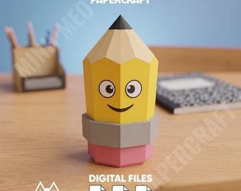 Low Poly Pencil 3D Papercraft, DIY Kids Craft Pattern PDF, Easy Printable Pencil Sculpture, Back to School Decor, Teacher Student Gift