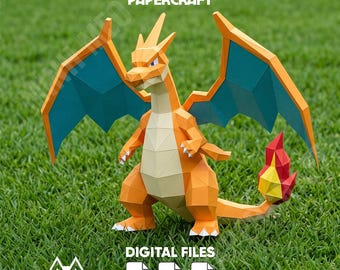 Mega Charizard Y Papercraft 3D Model low poly pepakura template, Pokemon DIY Paper Sculpture Paper Model