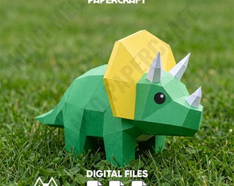 Cute Dinosaur Triceratops Papercraft PDF Template Low Poly 3D Paper Model DIY Printable Craft Kids Room Decor Paper Sculpture