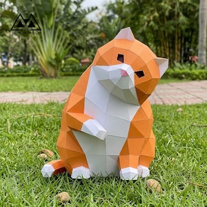 Fat Cat Papercraft 3D Model low poly pepakura template, Chubby Cat DIY Paper Sculpture