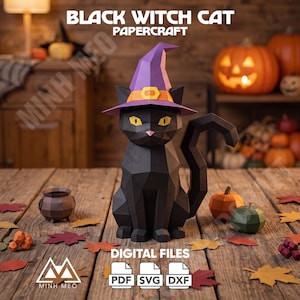 May include: A black papercraft cat with a purple witch hat featuring an orange band and yellow buckle. The cat has yellow eyes and a pink nose. Text reads BLACK WITCH CAT PAPERCRAFT and DIGITAL FILES PDF SVG DXF. The cat is on a wooden surface.