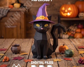Black Witch Cat Papercraft 3D Model low poly pepakura template, Halloween Cat DIY Paper Sculpture, Paper Model Witch Cat Pdf