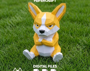 Grumpy Corgi Dog Papercraft, Dog Low Poly 3D Paper Model, DIY Paper Sculpture, Printable Paper Craft, Pepakura Template, PDF Papercraft