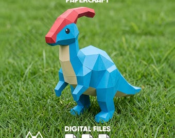 Cute Dinosaur Parasaurolophus Papercraft PDF Template Low Poly 3D Paper Model DIY Printable Craft Kids Room Decor Paper Sculpture