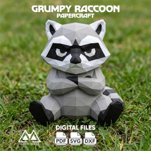 Grumpy Raccoon Papperspyssel, Lågpoly 3D-pappersmodell, DIY-pappersskulptur, Utskrivbart papperspyssel, Pepakura-mall, PDF-papperspyssel