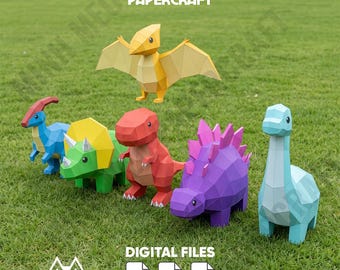 Combo 6 Cute Dinosaurs papercraft PDF Template Low Poly 3D Paper Model DIY Printable Craft Kids Room Decor Paper Sculpture