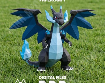 Mega Charizard X Papercraft 3D Model low poly Paper model template, Pokemon DIY Paper Sculpture