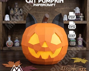 Modello di carta per zucca a forma di gatto Jack O' Lantern, zucca a forma di gatto 3D low poly, scultura di carta per Halloween, modello di carta Pepakura fai da te, PDF stampabile
