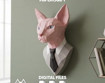 Sphynx Boss papercraft 3d low poly pepakura template, Gentleman Cat papercraft DIY Paper Sculpture