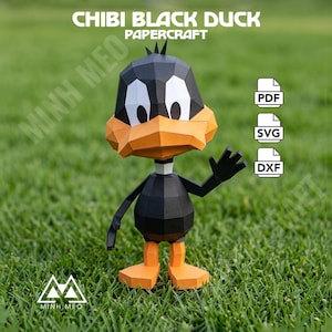 May include: A low-poly papercraft figure of a black duck with a large orange beak, white eyes, and orange feet. The figure is standing and waving one hand. Text on the image reads CHIBI BLACK DUCK PAPERCRAFT, MINH MEO, and icons for PDF, SVG, and DXF.