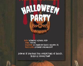 May include: Halloween party invitation with a carved pumpkin illustration and the words "Halloween Party". The invitation includes the date, time, location, and dress code. Three pumpkins are at the bottom.