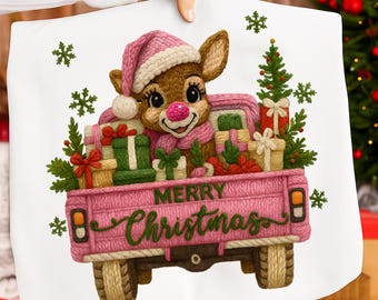 Feliz Navidad PNG, Reno PNG, Hilo de ganchillo PNG, Reno de hilo sintético PNG, Camión navideño rosa, Reno navideño de granja PNG, Navidad