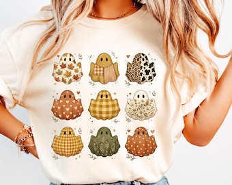 Comfort Colors® Fall Shirt, Floral Ghost Shirt, Fall Ghost Pattern Tee, Pumpkin Season Shirt, Women Autumn Vibes Shirt, Thanksgiving Shirt