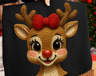 PNG de reno navideño de ganchillo, PNG de hilo para ganchillo, PNG de reno de nariz roja, PNG de reno navideño, PNG de reno de hilo sintético, diseño navideño femenino