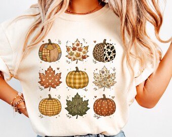 Comfort Colors® Fall Shirt, Cute Fall Pumpkin Pattern Tee, Maple Leaves Shirt, Autumn Vibes Shirt, Women Pumpkin Season Shirt, Thanksgiving