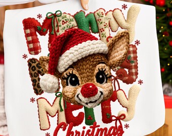 Reno navideño con estampado de leopardo, ideal para tejer con ganchillo. PNG de reno de hilo sintético. PNG de Navidad. Diseño navideño. PNG navideño femenino.