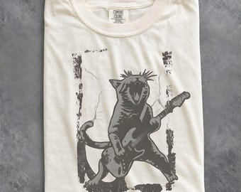 Comfort Colors Rock Star Cat Shirt, Metallicat Shirt, Vintage Kitten Tee, Electric Guitar Kitty Tee, Heavy Metal Music Tee, Music Lover Gift