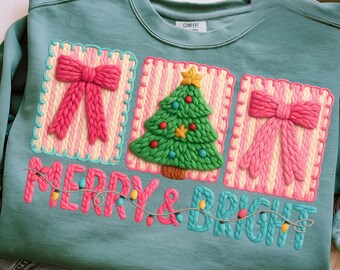 Feliz y brillante PNG, Árbol de hilo sintético PNG, Hilo de gancho de pestillo PNG, Diseño navideño de crochet, Lazo de árbol de Navidad floral preppy PNG, Navidad femenina PNG