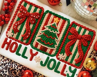 Coquette Holly Jolly Christmas Png, Latch Hook Yarn Holly Jolly Png, Christmas Crochet Png, Preppy Christmas Tree PNG, Christmas Design