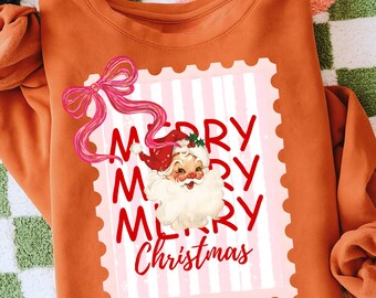 Sello navideño coqueto PNG, Feliz Navidad PNG, Papá Noel navideño PNG, Diseño navideño con lazo preppy, Navidad rosa femenina de moda PNG