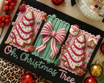 Oh, árbol de Navidad PNG, hilo de ganchillo PNG, pastel de árbol de Navidad Coquette PNG, árbol de hilo artificial PNG, lazo floral preppy para árbol de Navidad PNG, Navidad