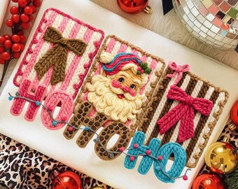 PNG de Papá Noel de hilo sintético, PNG de leopardo coqueto navideño «¡Ho, ho, ho!», PNG de hilo para ganchillo, diseño navideño de ganchillo, PNG de Papá Noel de punto grueso