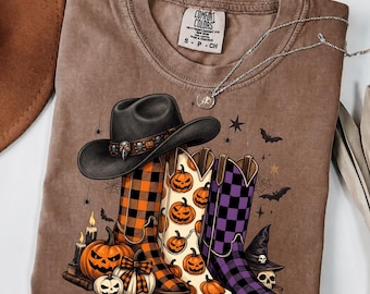 Comfort Colors® Cowboy Boots Checkered Halloween Shirt, Spooky Season T-Shirt, Pumpkin Bat Shirt, Western Cowgirl Halloween Shirt, Howdy Tee