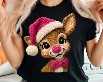 Reno navideño de ganchillo (Png), Reno de hilo con gancho de pestillo (Png), Reno navideño rosa (Png), Diseño navideño, Navidad femenina (Png), Lazo de hilo rosa