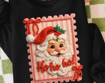 Sello postal retro de Papá Noel coqueto PNG, hilo para ganchillo PNG, ganchillo navideño, diseño de Papá Noel navideño, Ho Ho Ho PNG, lazo navideño PNG