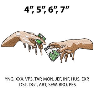 Op de afbeelding: Een borduurontwerp met twee handen, geïnspireerd op de schepping van Adam, die kleine pakketjes vasthouden. De tekst "4", 5", 6", 7" staat bovenaan. Hieronder staan verschillende afkortingen voor borduurformaatbestanden.