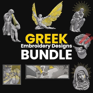 Può includere: Uno sfondo nero presenta un pacchetto di ricami greci. I disegni includono statue, angeli e figure classiche. Il testo "GREEK Embroidery Designs BUNDLE" è in giallo e bianco.