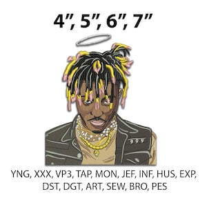 Pode incluir: Retrato bordado de uma pessoa com rastas amarelas e pretas, um halo e um colar de ouro. A imagem inclui o texto "4", 5", 6", 7" e uma lista de abreviações.