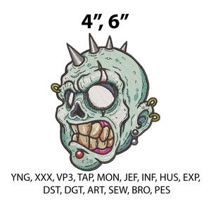 Könnte beinhalten: Gestickter Zombie-Kopf-Aufnäher, ca. 10 cm x 15 cm. Das Design zeigt einen grün gehäuteten Zombie mit Stacheln, Ohrringen und offenem Mund. Das Bild enthält Text oben und unten.
