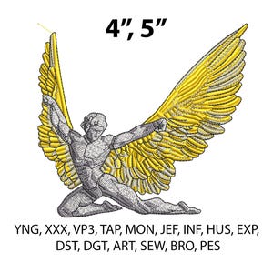 Op de afbeelding: Geborduurd ontwerp van een knielende figuur met uitgestrekte armen en grote gele vleugels. Het ontwerp is ongeveer 10 cm bij 13 cm. De afbeelding bevat tekst bovenaan en onderaan.