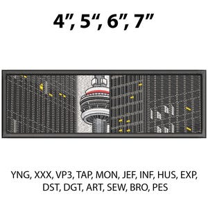Pode incluir: Patch bordado com uma paisagem urbana com uma torre proeminente e edifícios circundantes. O patch é retangular e inclui o texto "4", 5", 6", 7". Texto adicional na parte inferior inclui "YNG, XXX, VP3, TAP, MON, JEF, INF, HUS, EXP, DST, DGT, ART, SEW, BRO, PES".