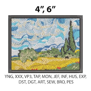 Pode incluir: Obra de arte bordada em uma moldura preta, retratando uma paisagem com um campo amarelo, árvores verdes e um céu azul e branco. A obra de arte é rotulada "4", 6" e inclui texto na parte inferior.